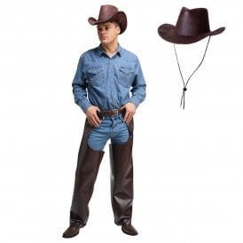 Cowboy Chaps + Aged Faux Leather Brown Texan Hat