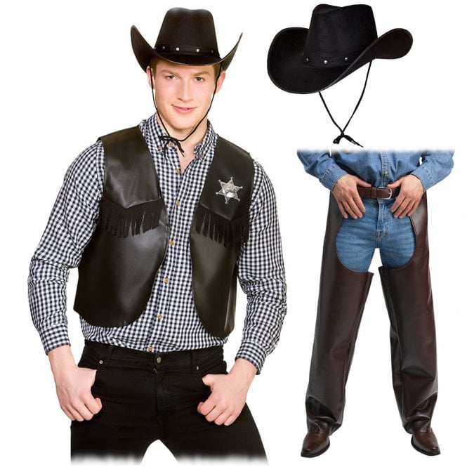 Cowboy Chaps + Black Waistcoat + Black Texan Hat