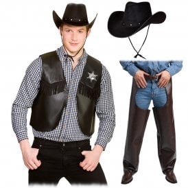 Cowboy Chaps + Black Waistcoat + Black Texan Hat