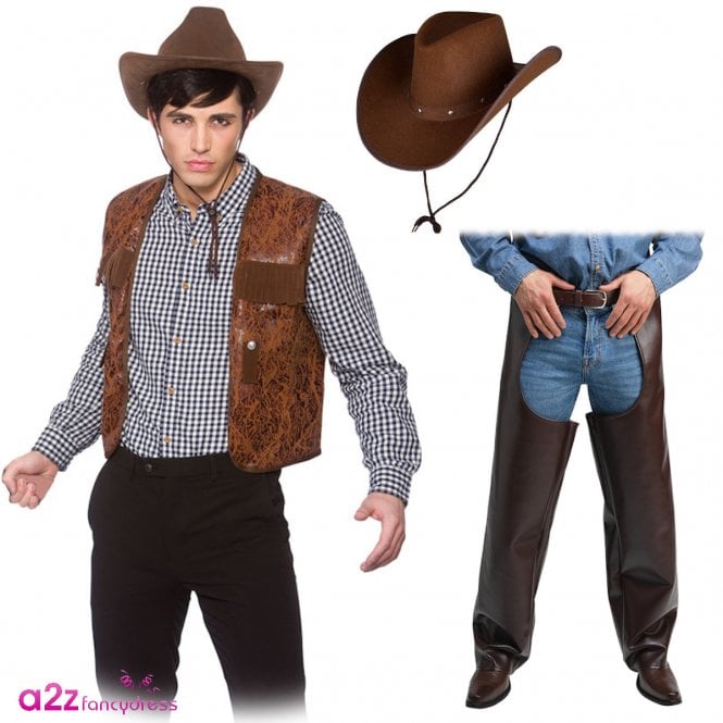 Cowboy Chaps + Brown Waistcoat + Dark Brown Texan Hat