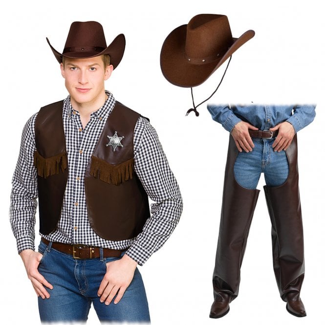 Cowboy Chaps + Dark Brown Waistcoat + Dark Brown Texan Hat