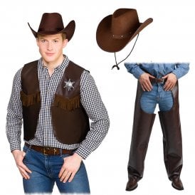 Cowboy Chaps + Dark Brown Waistcoat + Dark Brown Texan Hat