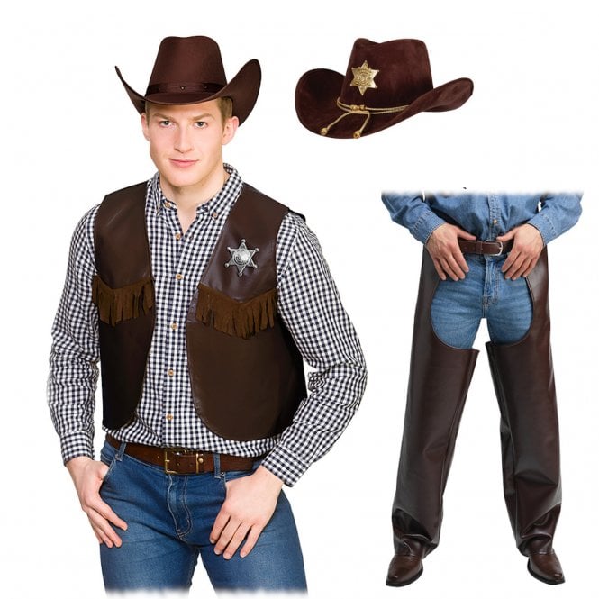 Cowboy Chaps + Dark Brown Waistcoat + Sheriff Hat