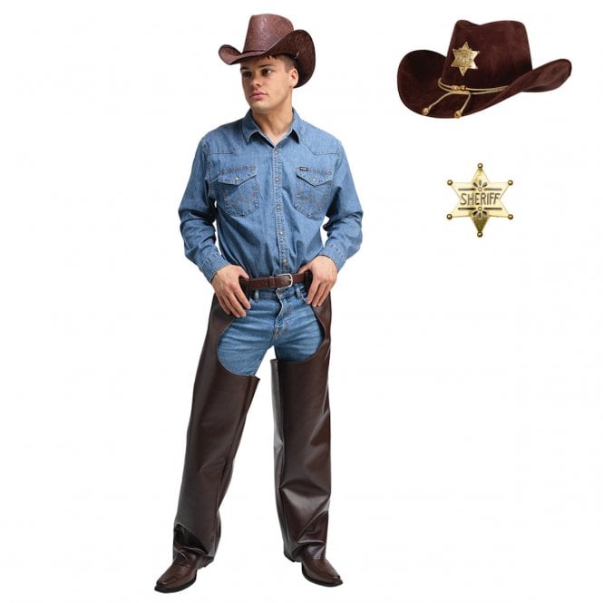 Cowboy Chaps + Sheriff Hat + Gold Sheriff Badge 