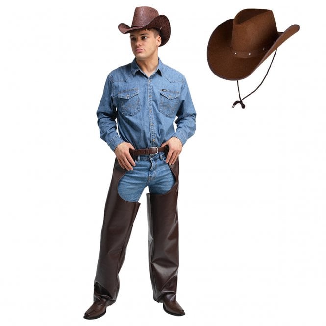 Cowboy Chaps + Texan Cowboy DARK BROWN Hat