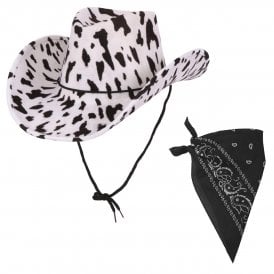 Adult Texan Cowboy Cowprint Hat + Black Bandana