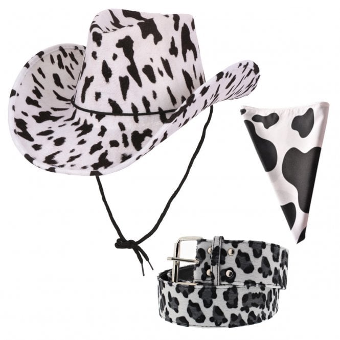 COWPRINT Texan Cowboy Hat + BLACK & WHITE Cowprint Bandana + COWPRINT Belt