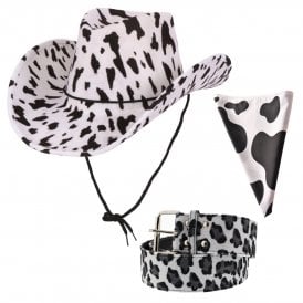 COWPRINT Texan Cowboy Hat + BLACK & WHITE Cowprint Bandana + COWPRINT Belt
