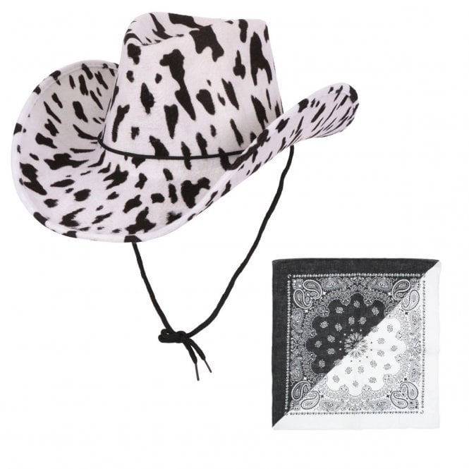 COWPRINT Texan Cowboy Hat + BLACK & WHITE (Half & Half) Paisley Print Bandana
