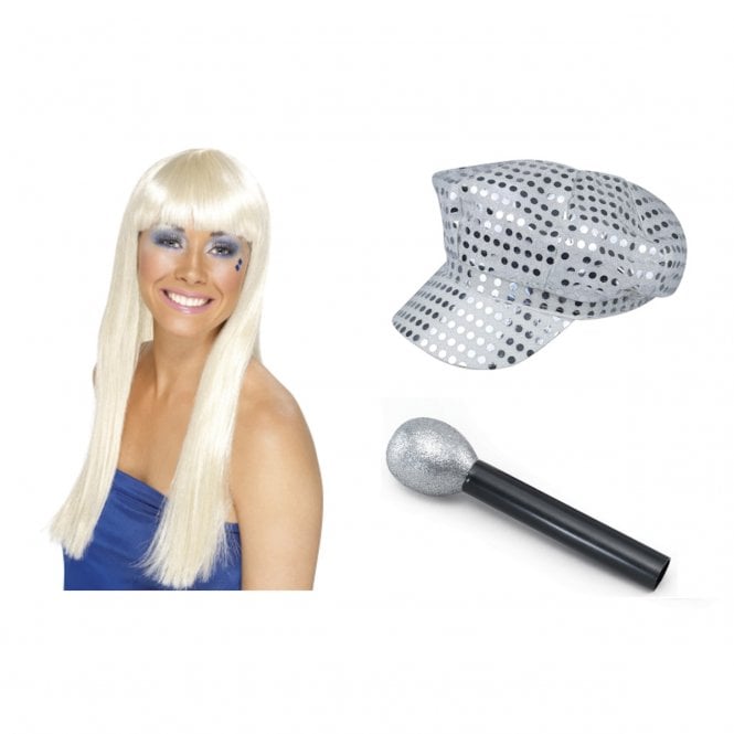 Dancing Queen Wig + Silver Sequin Hat + Mic