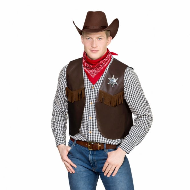 DARK BROWN Cowboy Sheriff Waistcoat + DARK BROWN Texan Cowboy Hat + RED Bandana