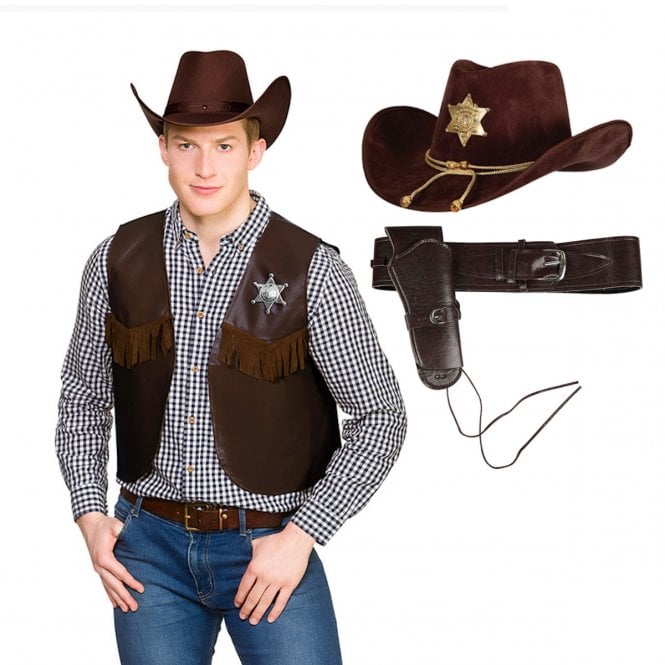 Dark Brown Sheriff Cowboy Waistcoat + Deluxe Sheriff Hat + Deluxe Cowboy Holster