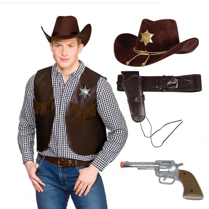 Dark Brown Sheriff Cowboy Waistcoat + Sheriff Hat + Brown Holster + Plastic Hand Gun
