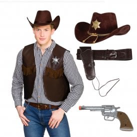 Dark Brown Sheriff Cowboy Waistcoat + Sheriff Hat + Brown Holster + Plastic Hand Gun