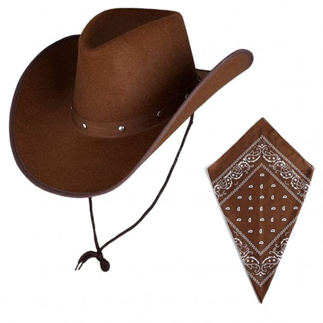 DARK BROWN Texan Cowboy Hat + BROWN Paisley Print Bandana
