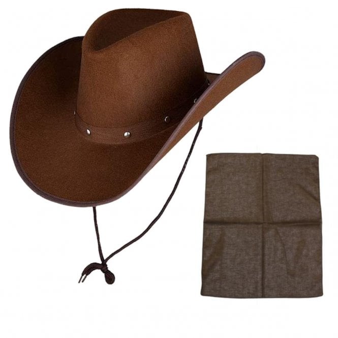 DARK BROWN Texan Cowboy Hat + BROWN Plain Bandana