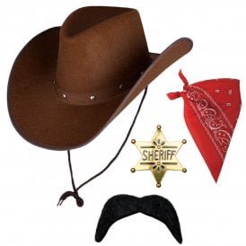 DARK BROWN Texan Cowboy Hat + RED Bandana + GOLD Sheriff Badge + BLACK Cowboy Moustache