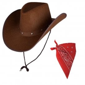  Texan Cowboy Dark Brown Hat + Red Bandana - Adult Accessory Set 