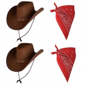 DARK BROWN Texan Cowboy Hat + RED Paisley Bandana - 2 PACK