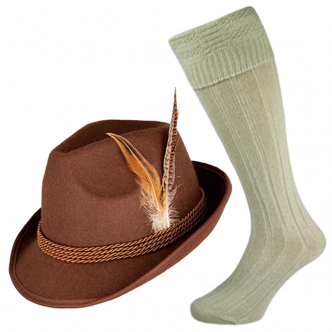 Deluxe Bavarian Oktoberfest Brown Hat + Wool Blend Socks