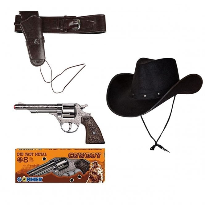 DELUXE BROWN Cowboy Holster + Die-cast Metal Cap Gun + BLACK Texan Cowboy Hat