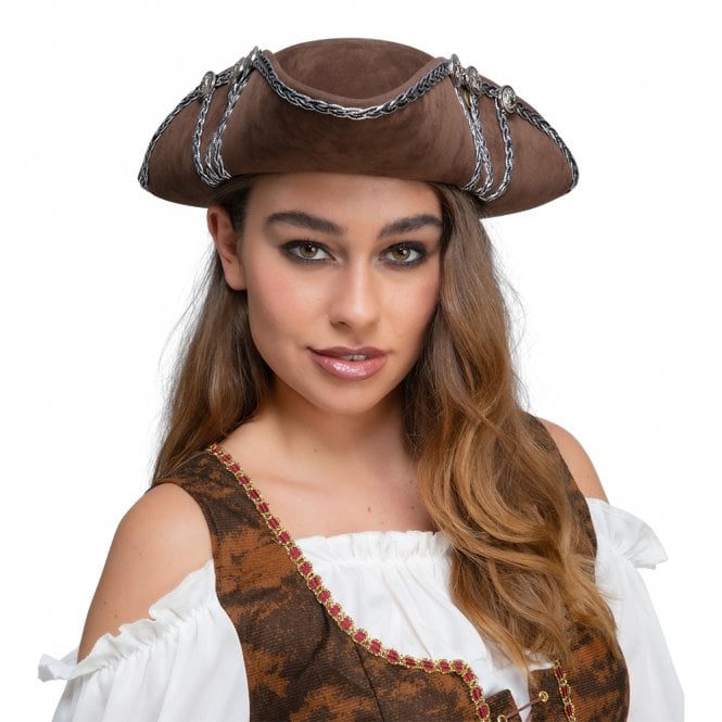 Deluxe Brown Pirate Hat with Silver Trim