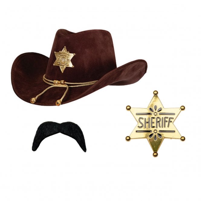 Deluxe Brown Sheriff Hat + Gold Sheriff Badge + Black Tash
