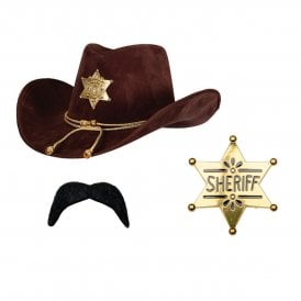 Deluxe Brown Sheriff Hat + Gold Sheriff Badge + Black Tash