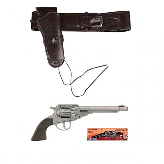 Deluxe Cowboy HOLSTER + Die-cast Metal 8 Shot Cap GUN (Longer Barrel)