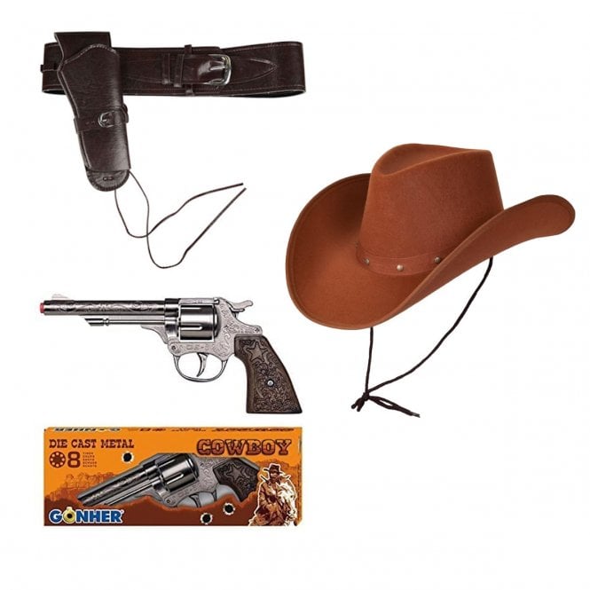 Deluxe Cowboy Holster + Die-cast Metal Cap Gun + Brown Texan Cowboy Hat
