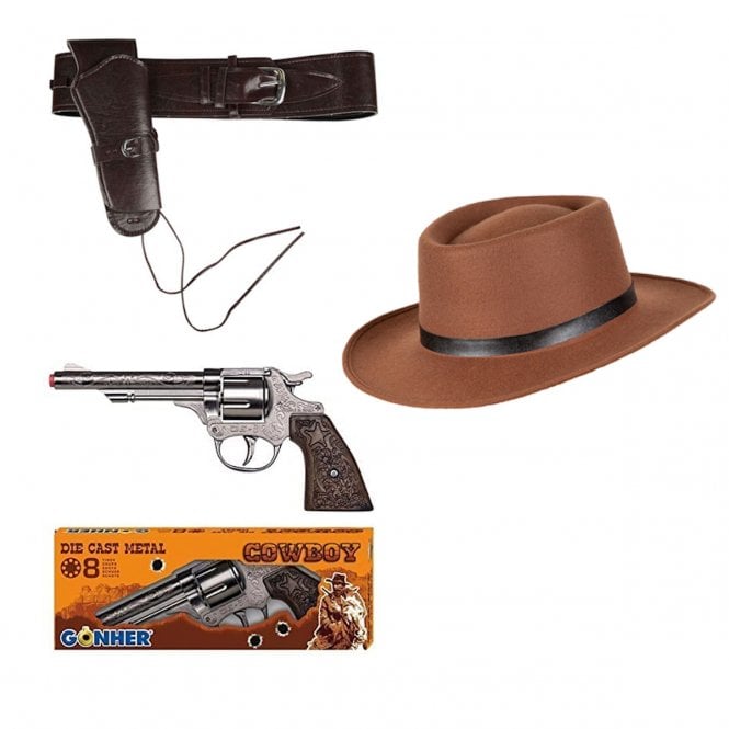 Deluxe Cowboy Holster + Die-cast Metal Cap Gun + Western Gunslinger Hat