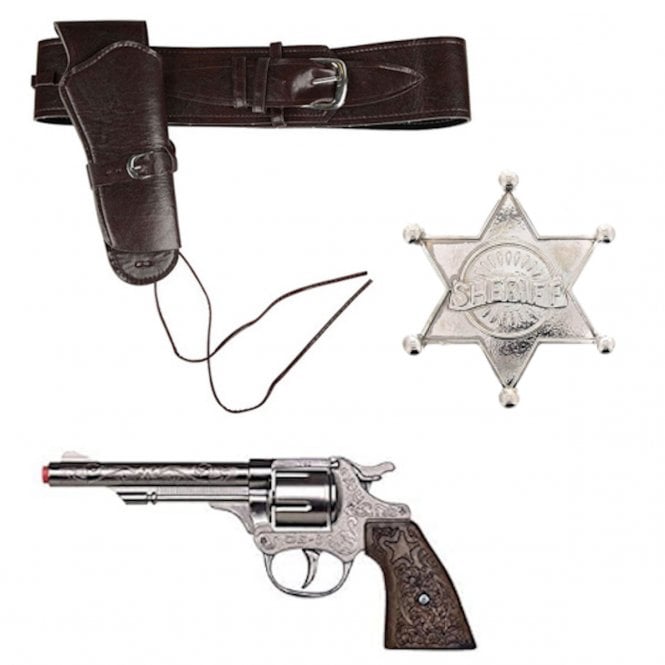 Deluxe Cowboy Holster + Long Barrel Die-cast Metal Gun + Silver Sheriff Badge 
