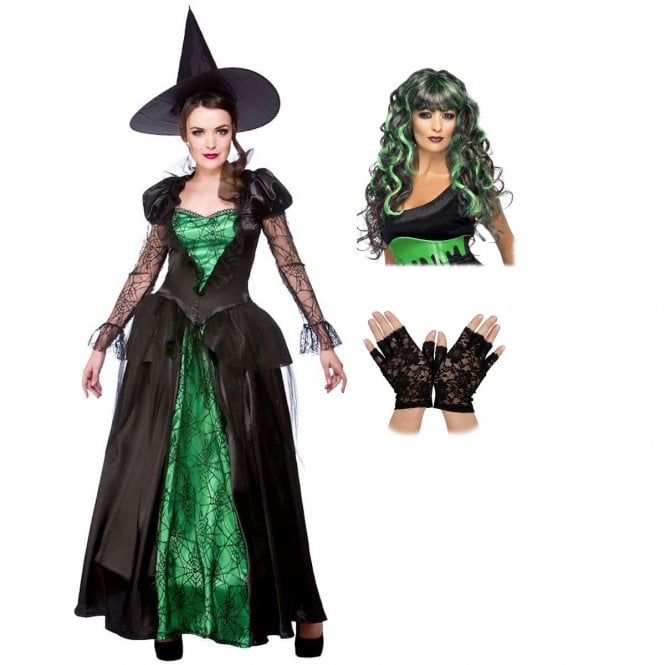 Deluxe Emerald Witch - Adult Costume Set (Dress, Hat, Wig, Fingerless Gloves)