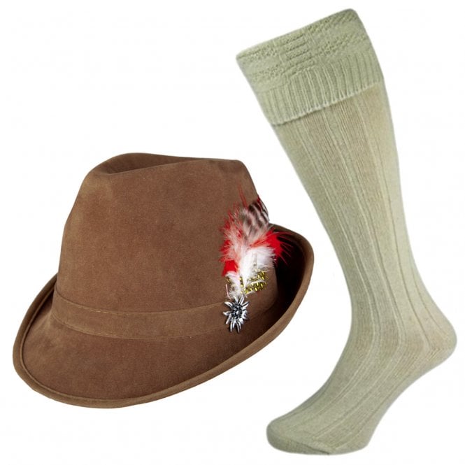 Deluxe Faux Suede Brown Bavarian Hat + Cream Wool Blend Socks