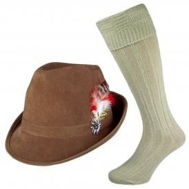 Deluxe Faux Suede Brown Bavarian Hat + Cream Wool Blend Socks
