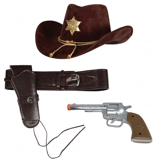 DELUXE BROWN Sheriff Hat + DELUXE Holster + Plastic Hand Gun