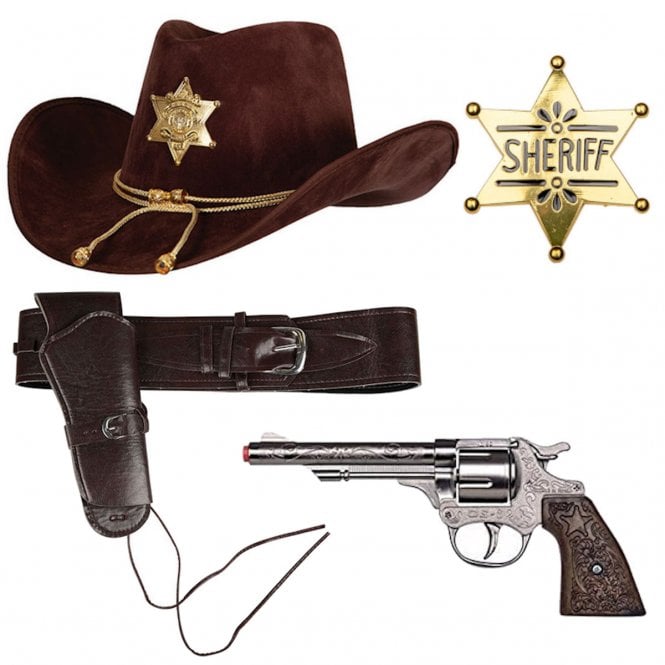 DELUXE Sheriff Hat + GOLD Western Sheriff Badge + DELUXE Holster + Long Barrel Die-cast Metal Gun