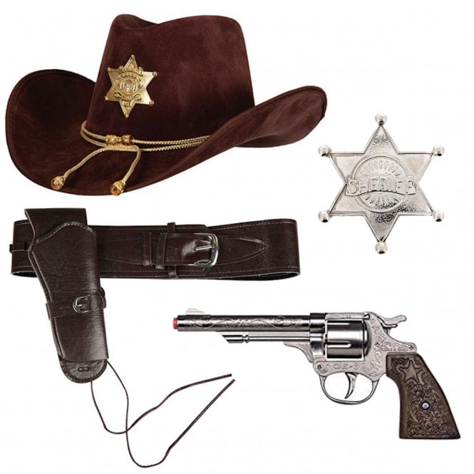 DELUXE Sheriff Hat + SILVER Western Sheriff Badge + DELUXE Holster + Long Barrel Die-cast Metal Gun