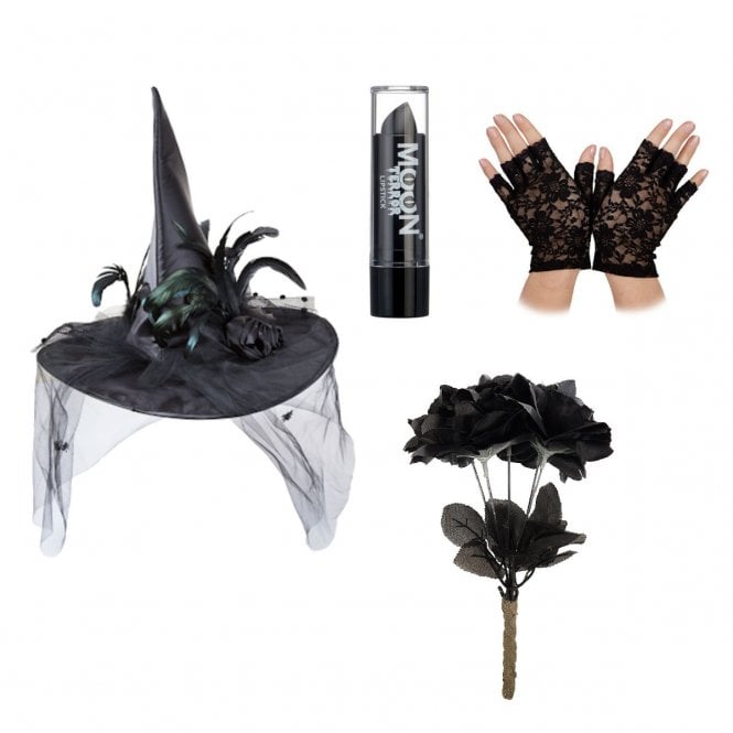 Deluxe Witch Hat + Black Flowers + Fingerless Gloves + Black Lipstick