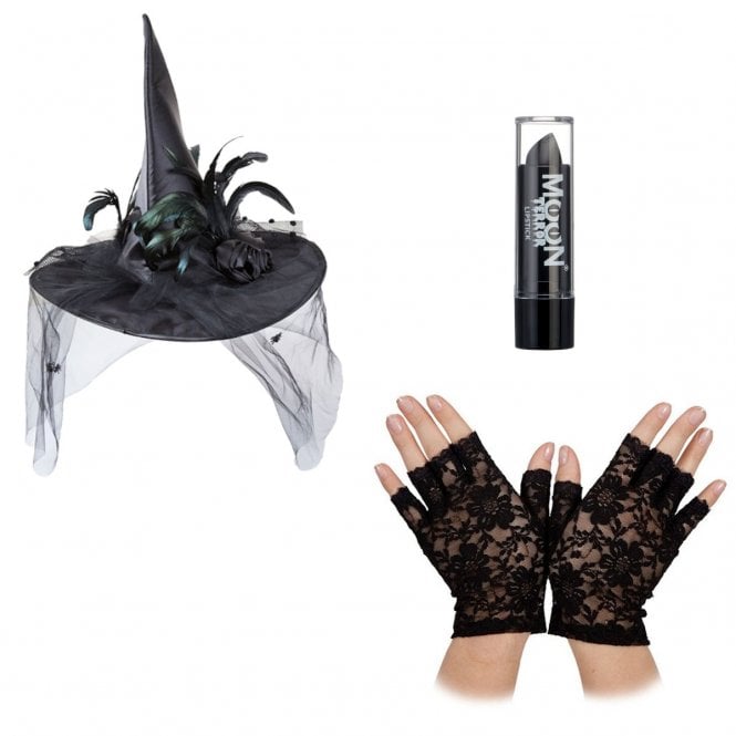 Deluxe Witch Hat + Fingerless Gloves + Black Lipstick