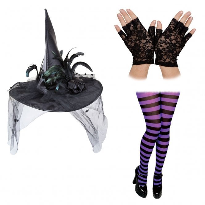 Deluxe Witch Hat + Fingerless Gloves + Purple & Black Candystripe Tights