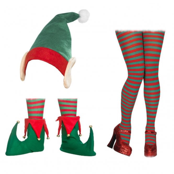 Elf Hat + Elf Boots + Red & Green Candystripe Tights 