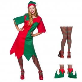 Elf Lady - Adult Costume Set (Dress, Hat, Red/Green Striped Tights, Elf Boots) 