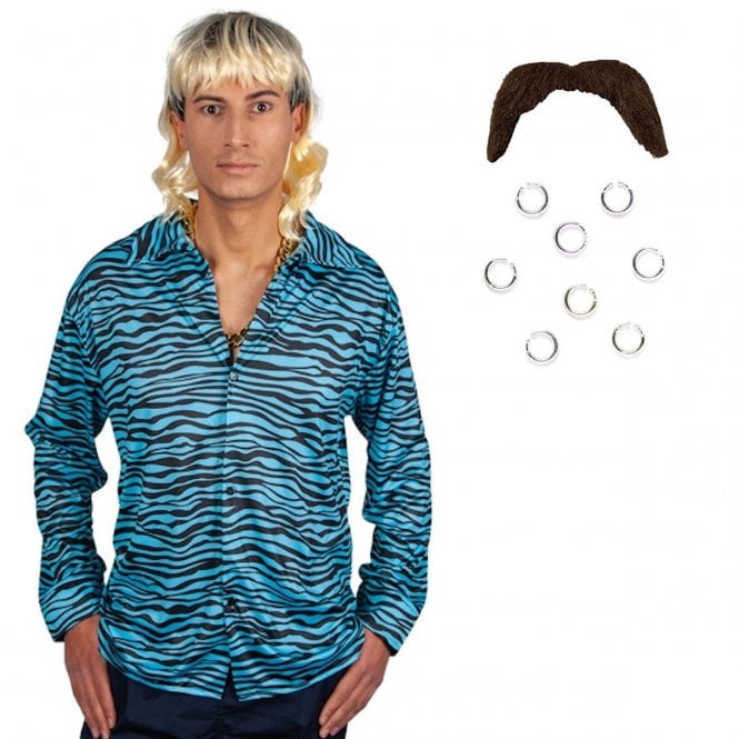 Exotic Tiger Shirt + Mullet Wig + Brown Tash + Clip-on Piercings (4-Piece)