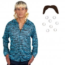 Exotic Tiger Shirt + Mullet Wig + Brown Tash + Clip-on Piercings (4-Piece)
