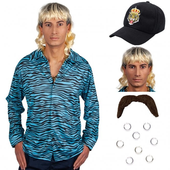 Exotic Tiger Shirt + Mullet Wig + Brown Tash + Clip-on Piercings + Tiger Logo Hat (5-Piece)