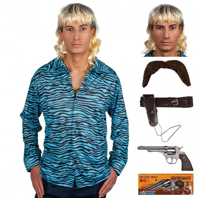 Exotic Tiger Shirt + Mullet Wig + Brown Tash + Deluxe Holster + Die-Metal Gun (5-Piece)