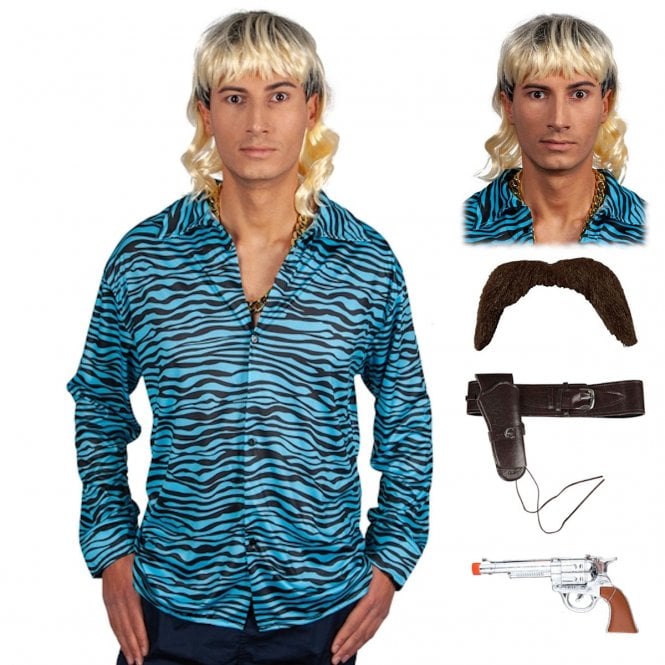 Exotic Tiger Shirt + Mullet Wig + Brown Tash + Deluxe Holster + Plastic Hand Gun 