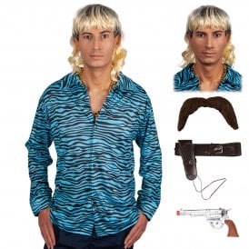 Exotic Tiger Shirt + Mullet Wig + Brown Tash + Deluxe Holster + Plastic Hand Gun 