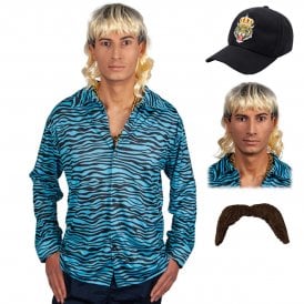 Exotic Tiger Shirt + Mullet Wig + Tiger Logo Hat + Brown Tash (4-Piece)